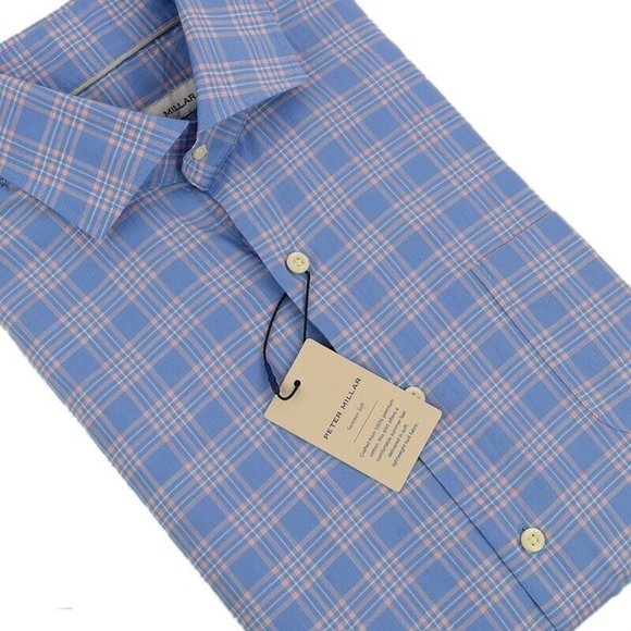 PETER MILLAR SUMMER SOFT Nautilus Blue Check Long Sleeve Shirt SMALL NWT